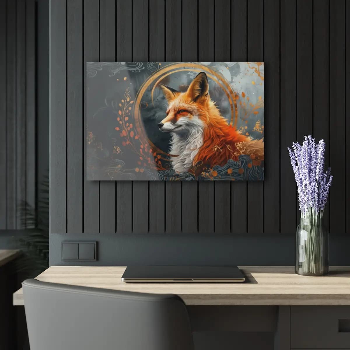 The Red Fox Within Golden Circles - Acrylic Prints (French Cleat Hanging) mockup angle 5