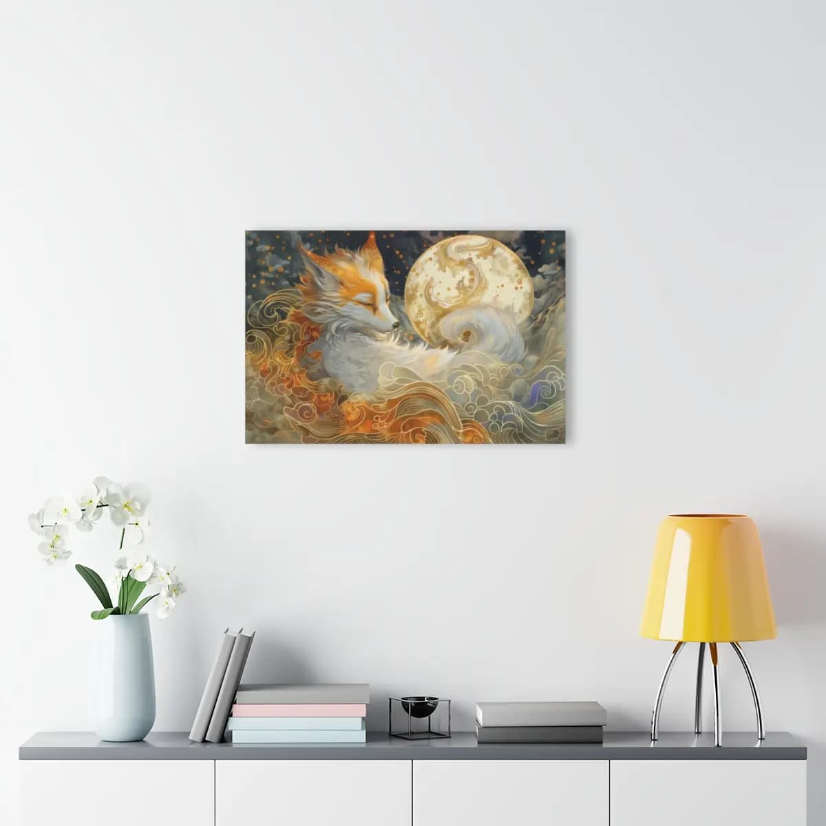 The Celestial Fox and the Golden Moon - Acrylic Prints (French Cleat Hanging) mockup angle 4