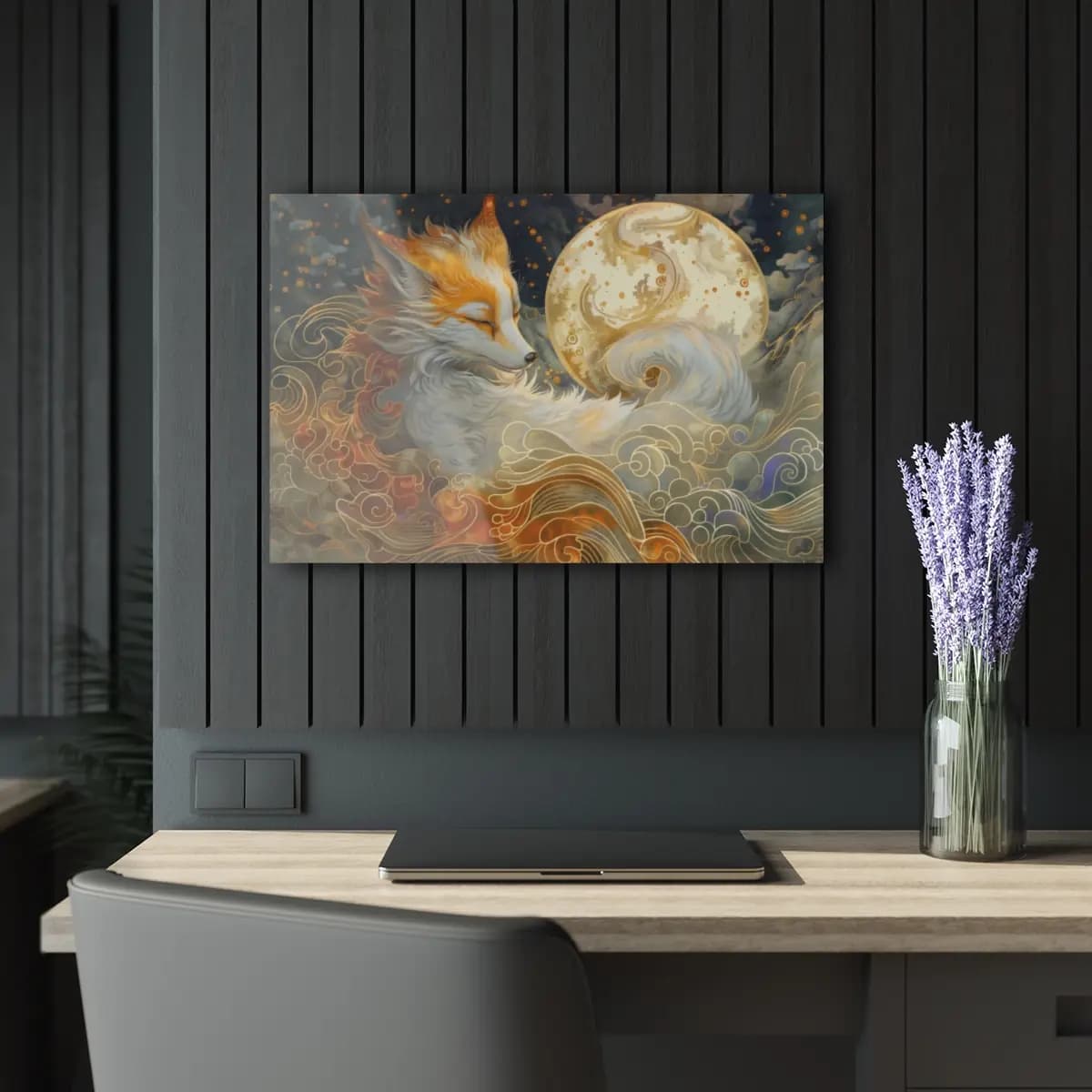 The Celestial Fox and the Golden Moon - Acrylic Prints (French Cleat Hanging) mockup angle 5