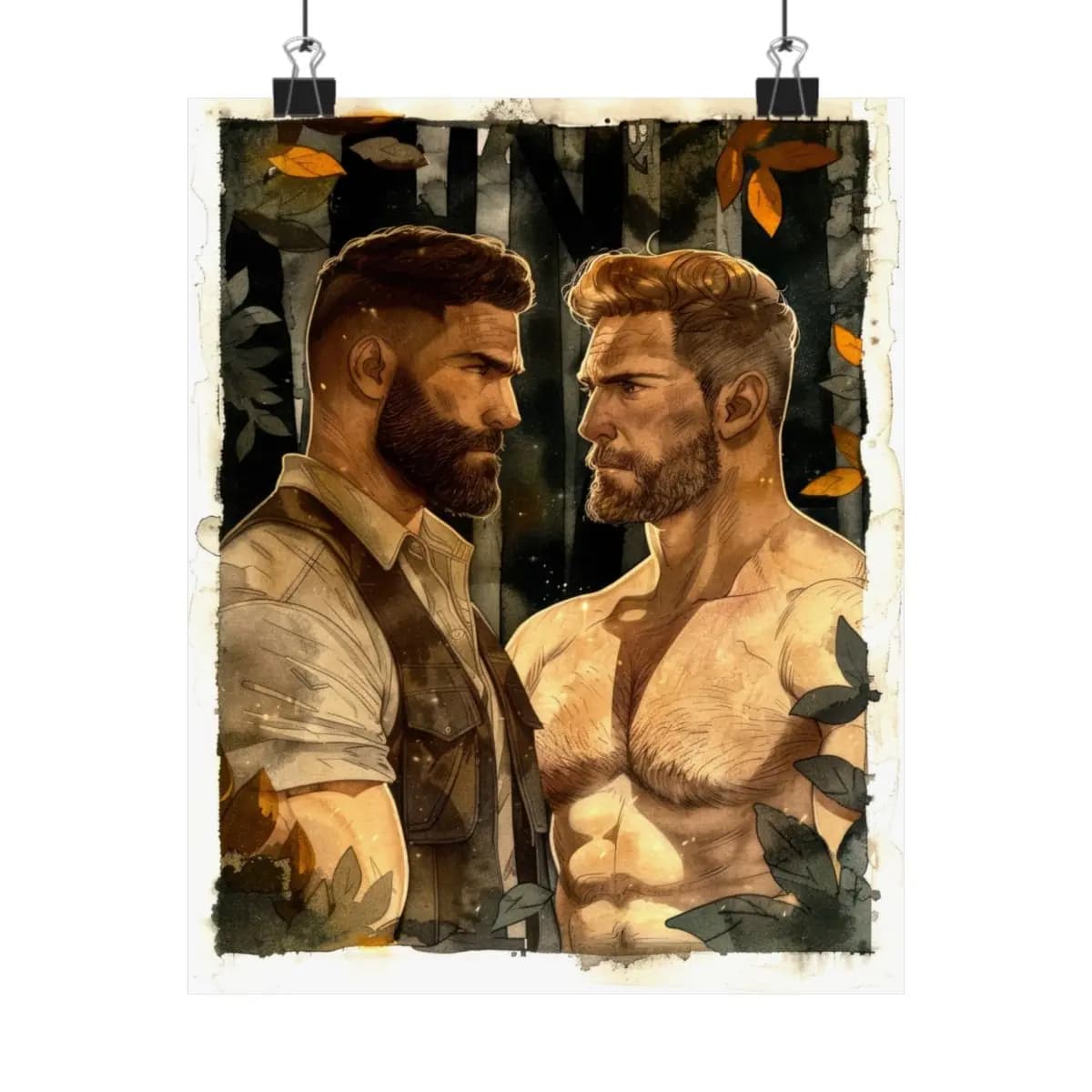 Two Bearded Men Face Off in Autumn Forest - Matte Vertical Posters mockup angle 1