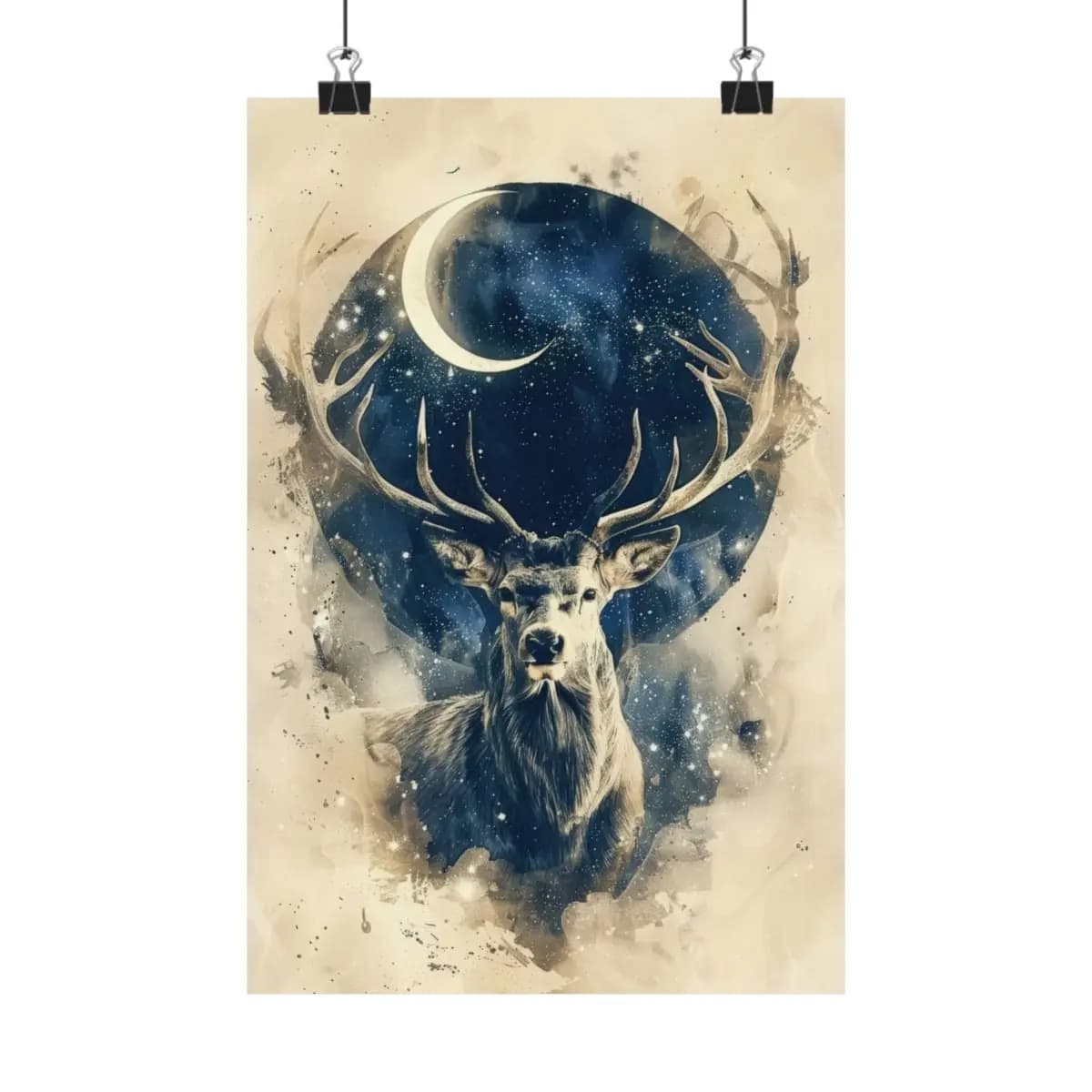 Majestic Stag Beneath the Crescent Moon - Matte Vertical Posters mockup angle 1