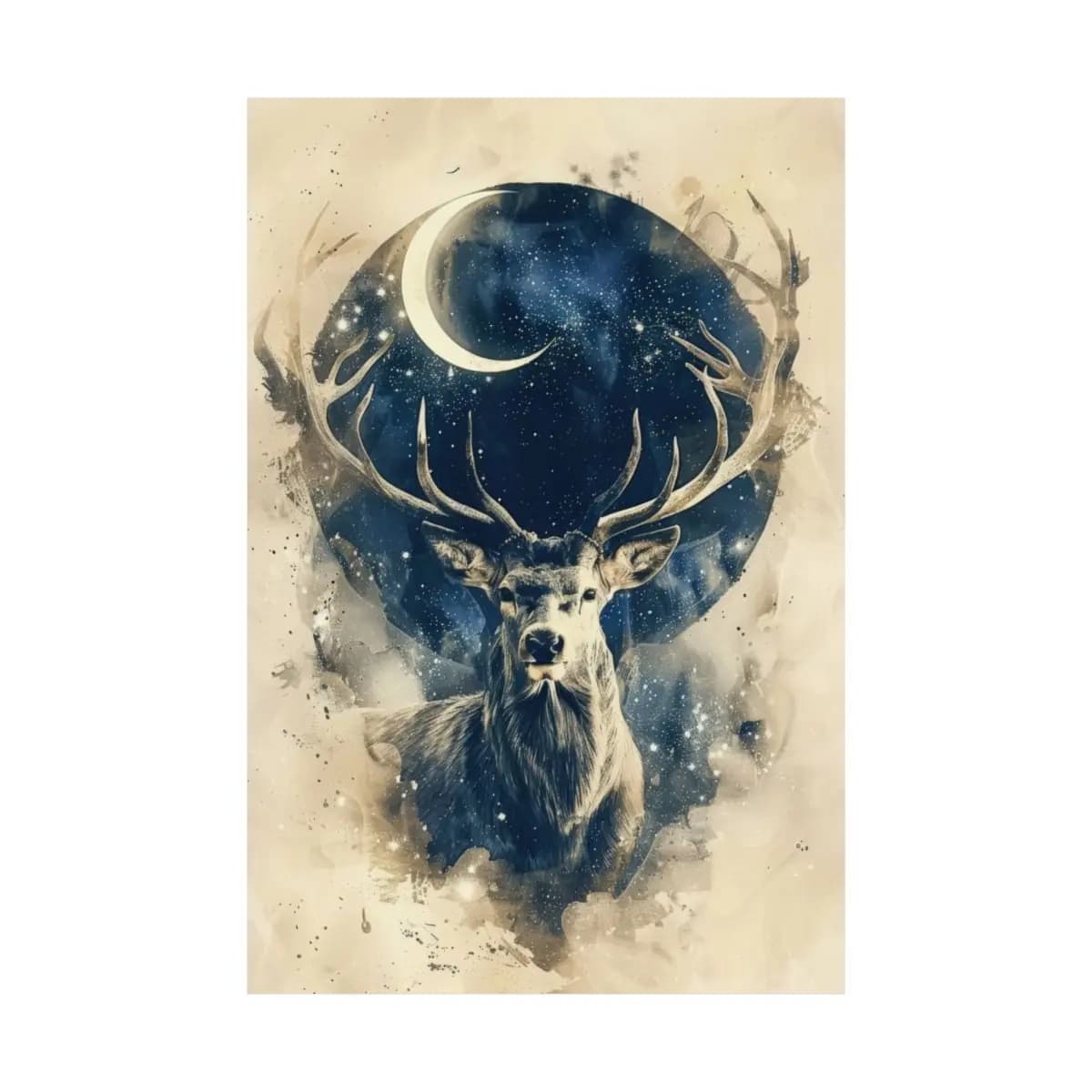 Majestic Stag Beneath the Crescent Moon - Matte Vertical Posters mockup angle 2