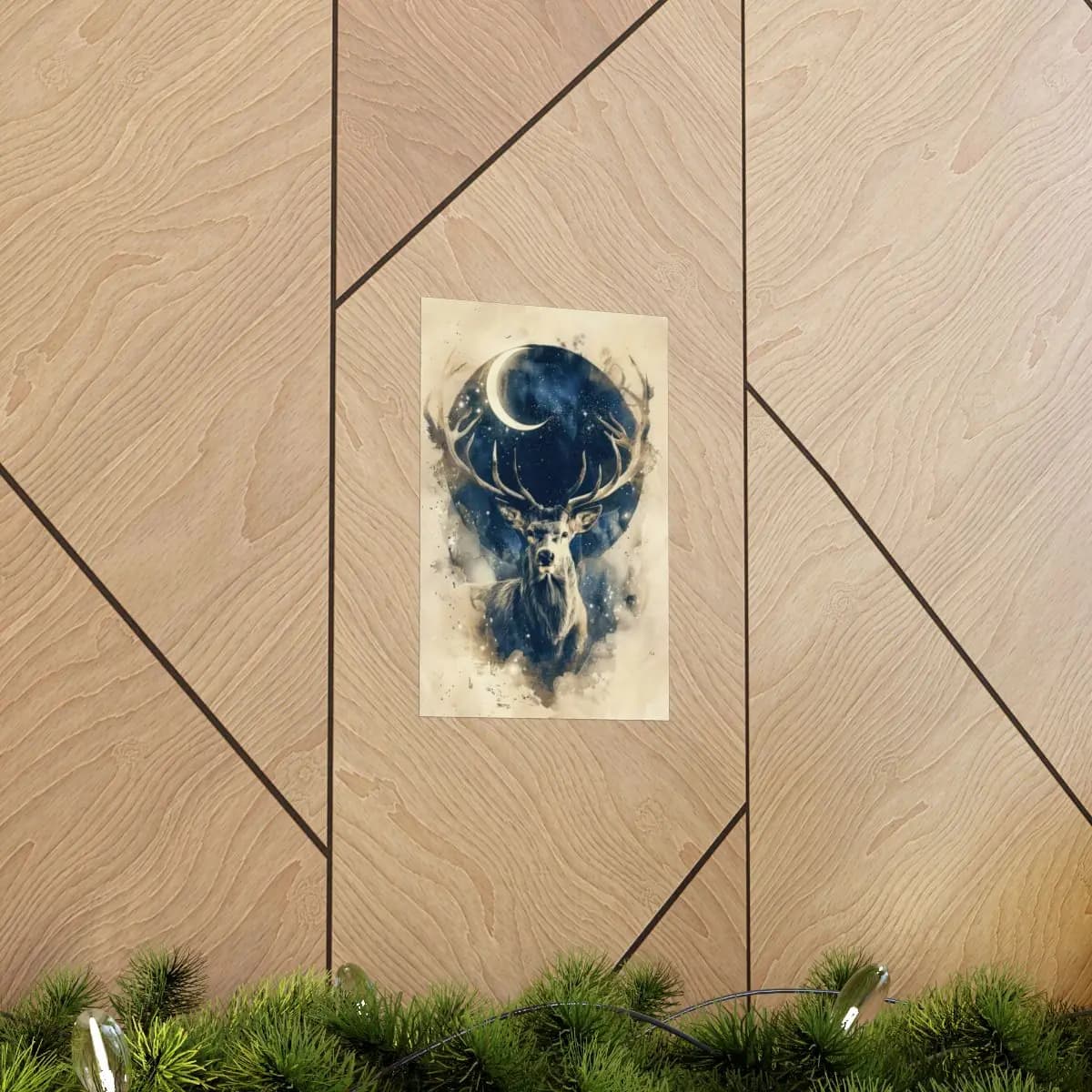 Majestic Stag Beneath the Crescent Moon - Matte Vertical Posters mockup angle 5