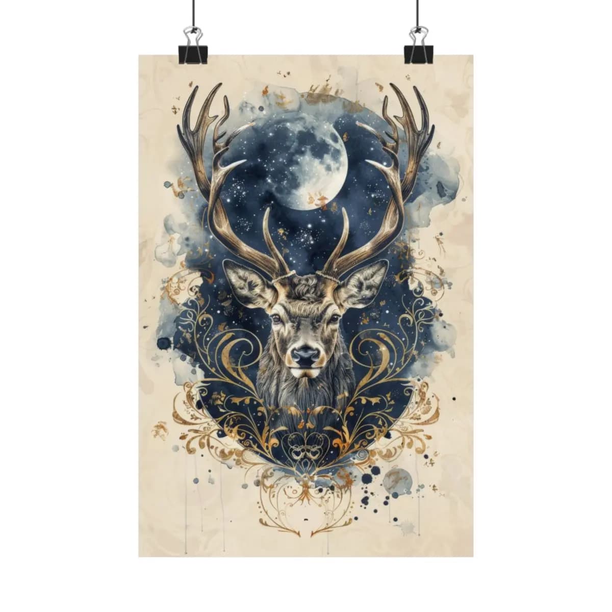 Majestic Stag Beneath the Starlit Moon - Matte Vertical Posters mockup angle 1