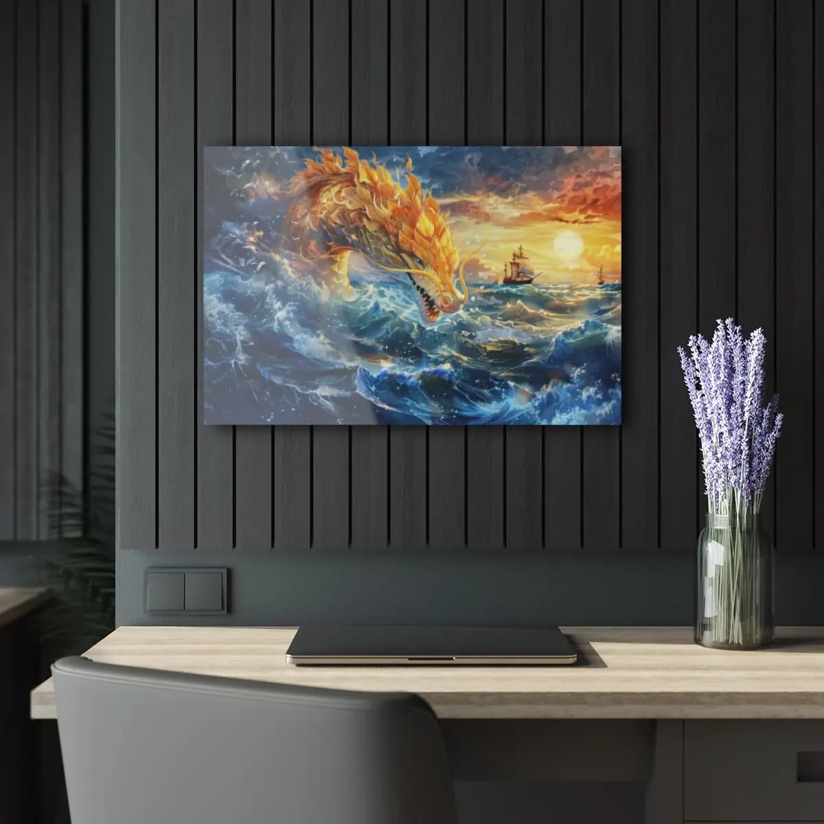 The Golden Sea Serpent of Raging Waters - Acrylic Prints (French Cleat Hanging) mockup angle 5