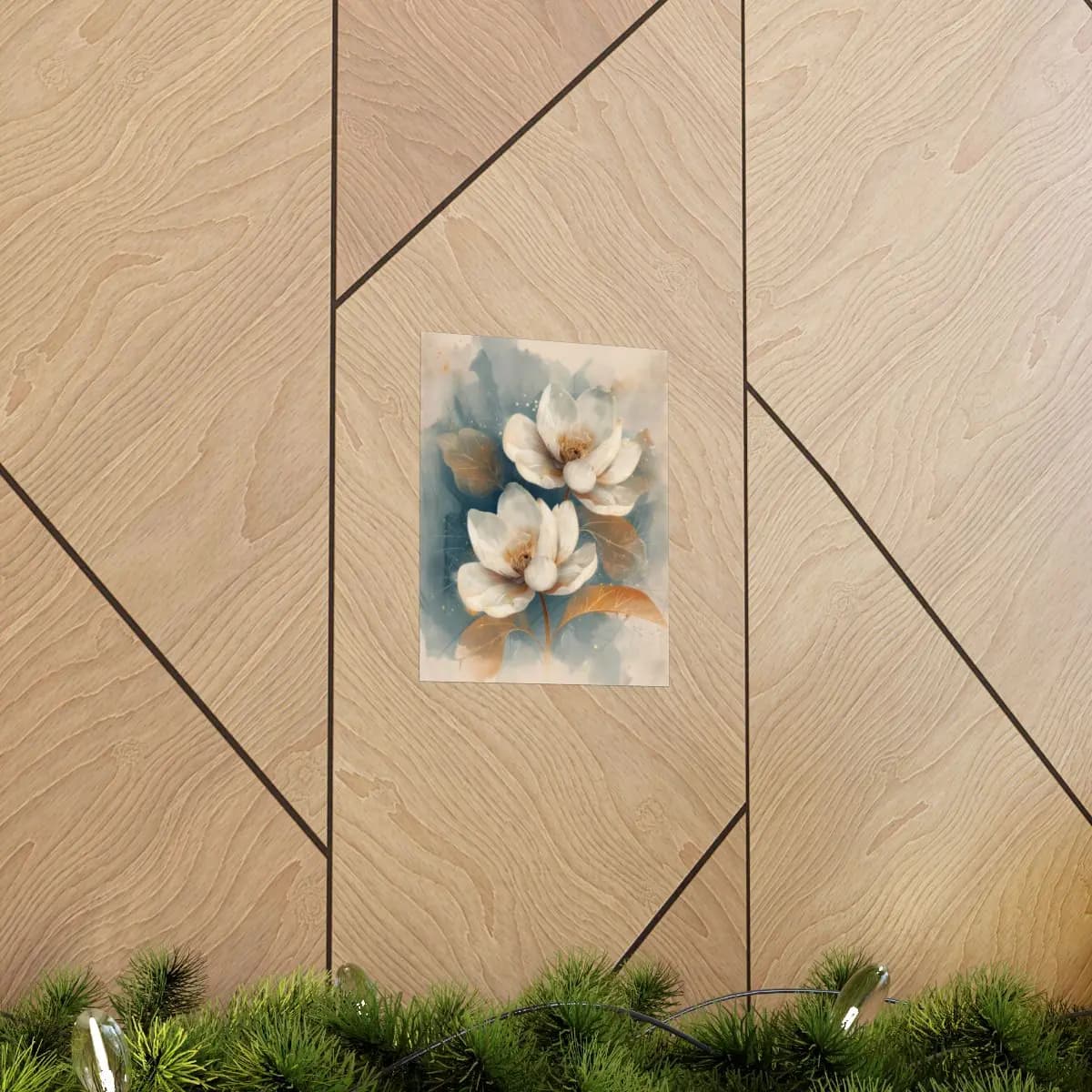 Two White Magnolias with Golden Accents - Matte Vertical Posters mockup angle 5