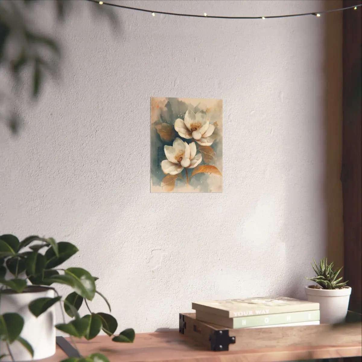 Two White Magnolias with Golden Accents - Matte Vertical Posters mockup angle 6
