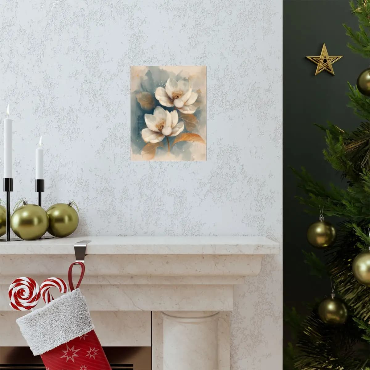 Two White Magnolias with Golden Accents - Matte Vertical Posters mockup angle 7