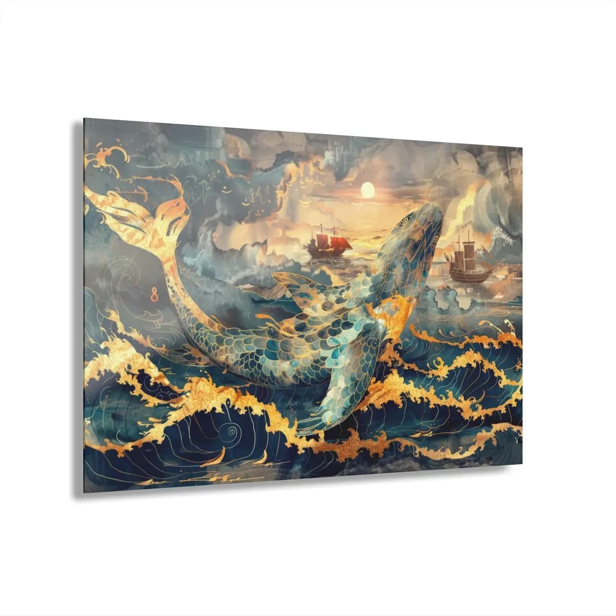The Golden Whale of Stormy Seas - Acrylic Prints (French Cleat Hanging) mockup angle 1