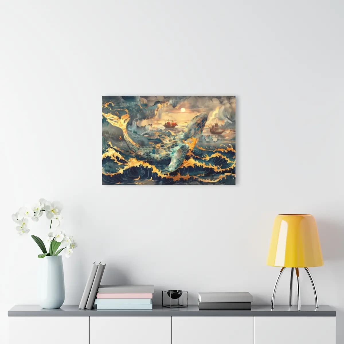 The Golden Whale of Stormy Seas - Acrylic Prints (French Cleat Hanging) mockup angle 4