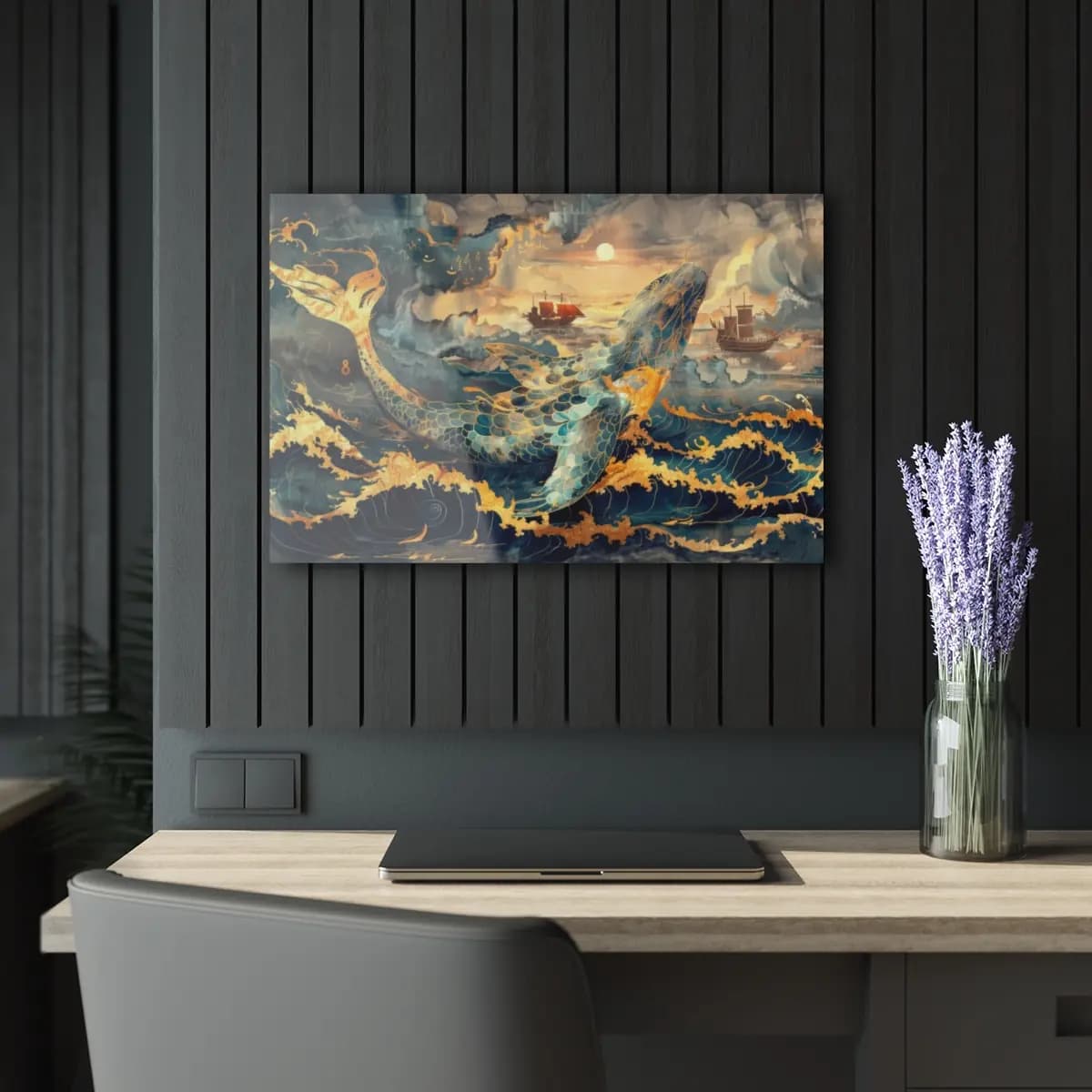 The Golden Whale of Stormy Seas - Acrylic Prints (French Cleat Hanging) mockup angle 5