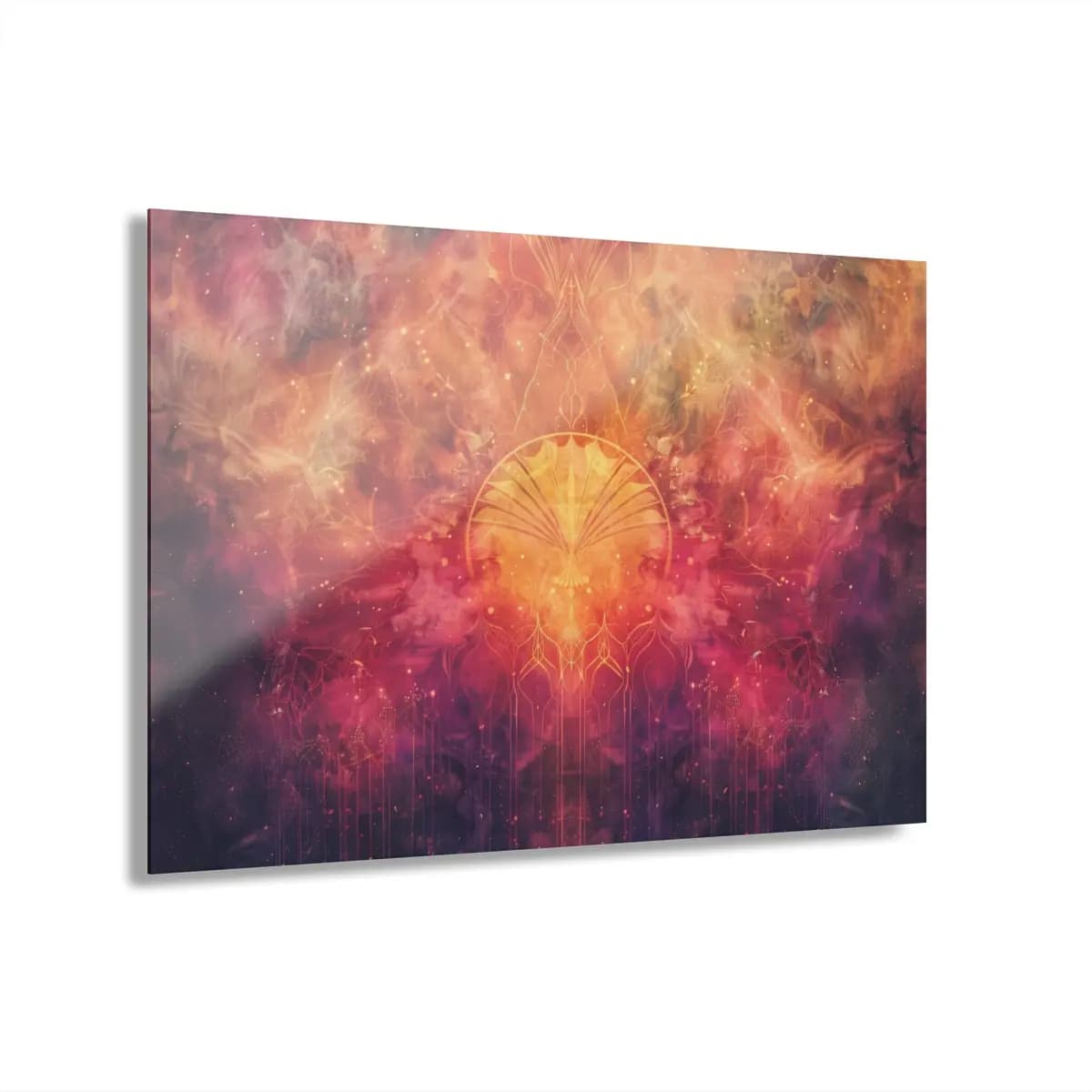 Blazing Mandala with Golden Ornamental Wings - Acrylic Prints (French Cleat Hanging) mockup angle 1