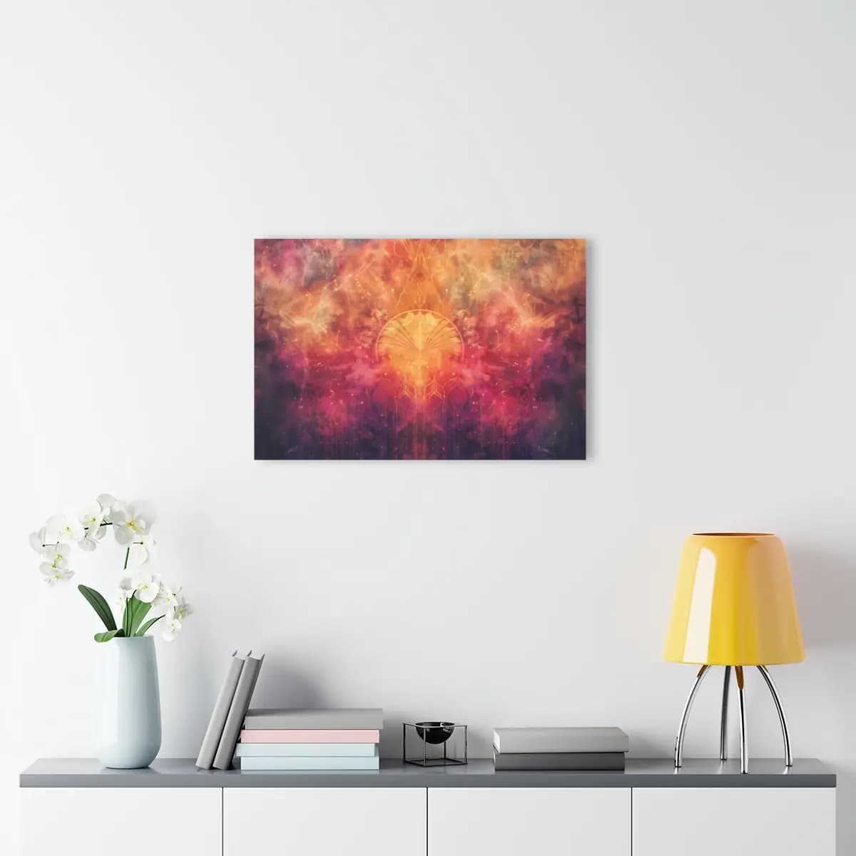 Blazing Mandala with Golden Ornamental Wings - Acrylic Prints (French Cleat Hanging) mockup angle 4