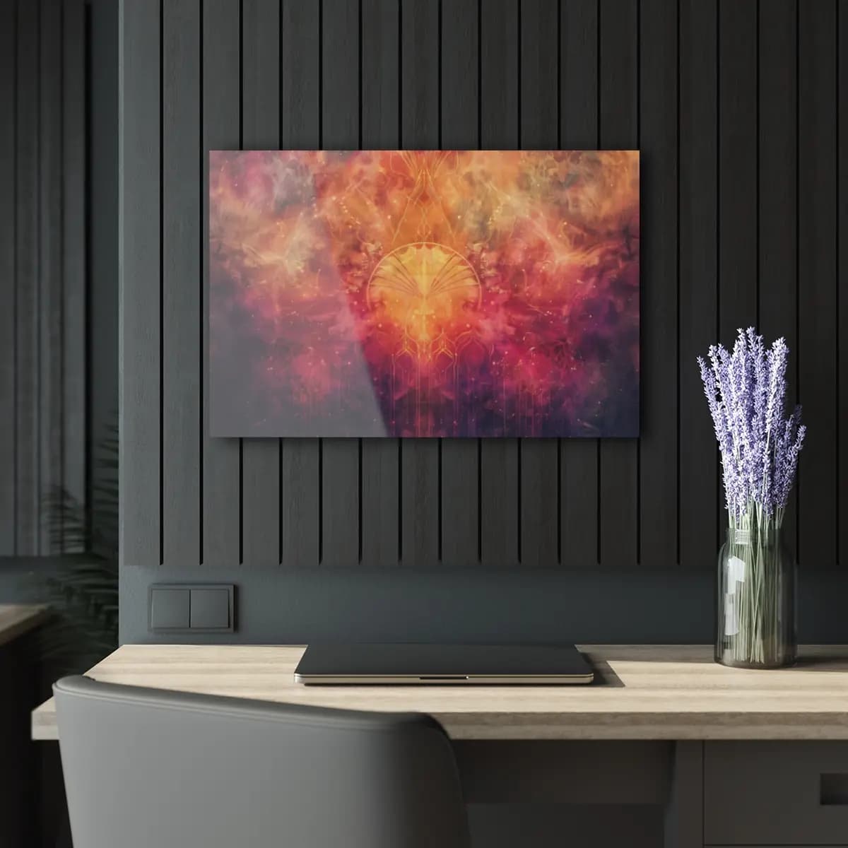 Blazing Mandala with Golden Ornamental Wings - Acrylic Prints (French Cleat Hanging) mockup angle 5