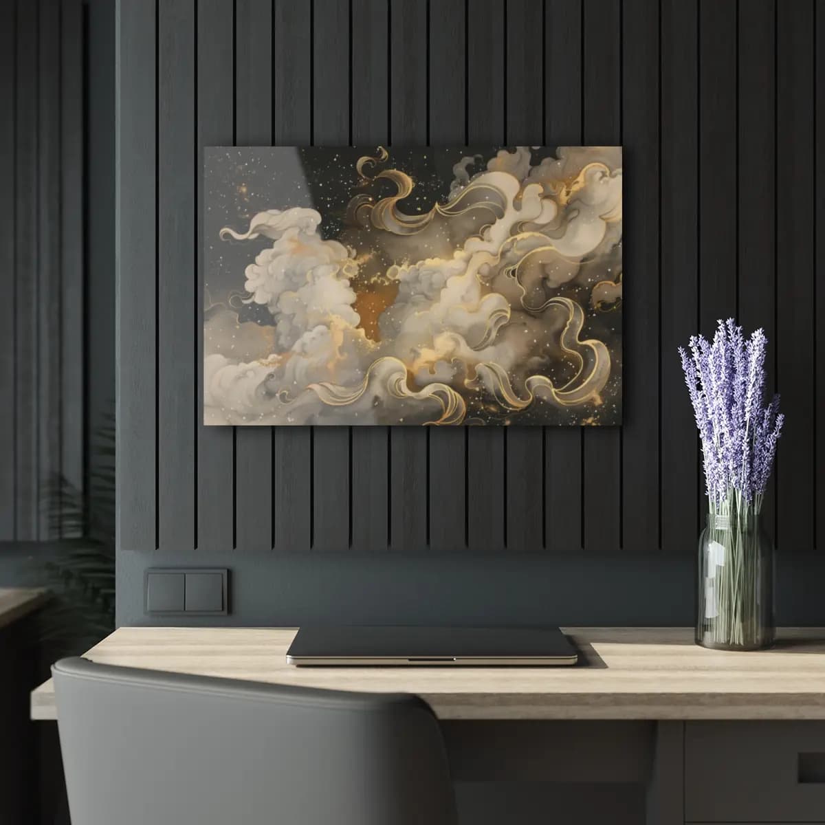 Golden Swirling Clouds Across a Starlit Night - Acrylic Prints (French Cleat Hanging) mockup angle 5