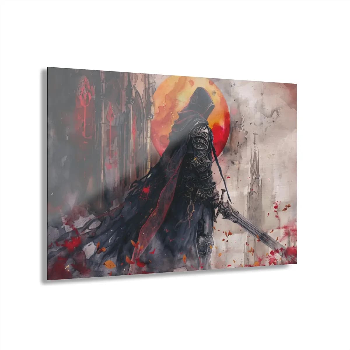 The Hooded Knight Beneath the Blood Moon - Acrylic Prints (French Cleat Hanging) mockup angle 1