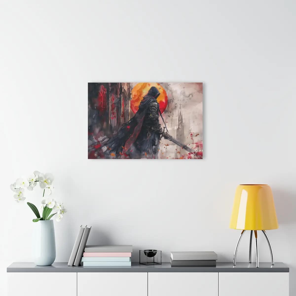 The Hooded Knight Beneath the Blood Moon - Acrylic Prints (French Cleat Hanging) mockup angle 4