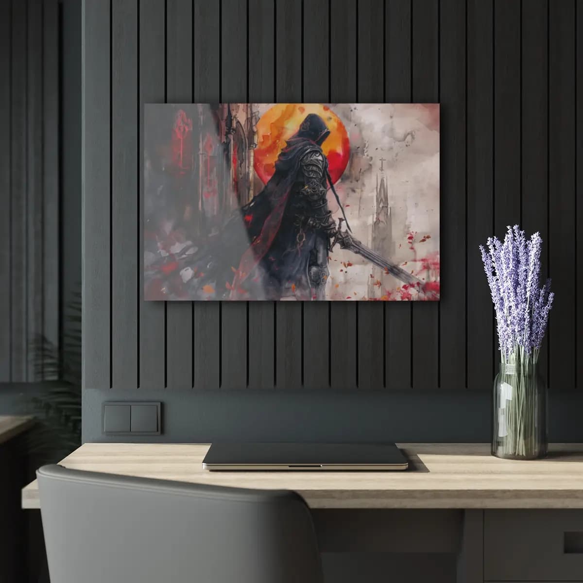 The Hooded Knight Beneath the Blood Moon - Acrylic Prints (French Cleat Hanging) mockup angle 5