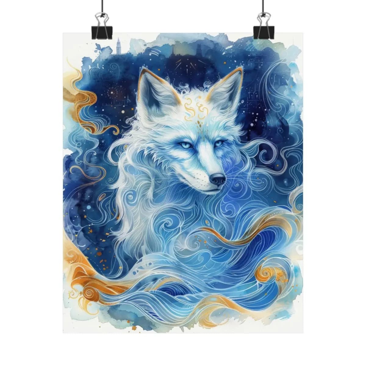 Celestial White Fox Amid Blue Swirling Waves - Matte Vertical Posters mockup angle 1
