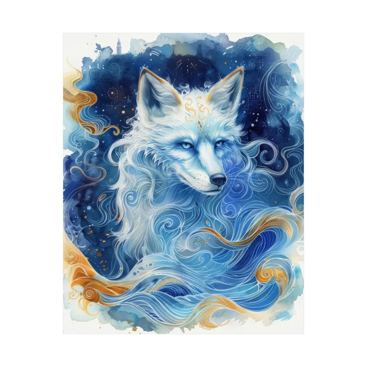 Celestial White Fox Amid Blue Swirling Waves - Matte Vertical Posters mockup angle 2