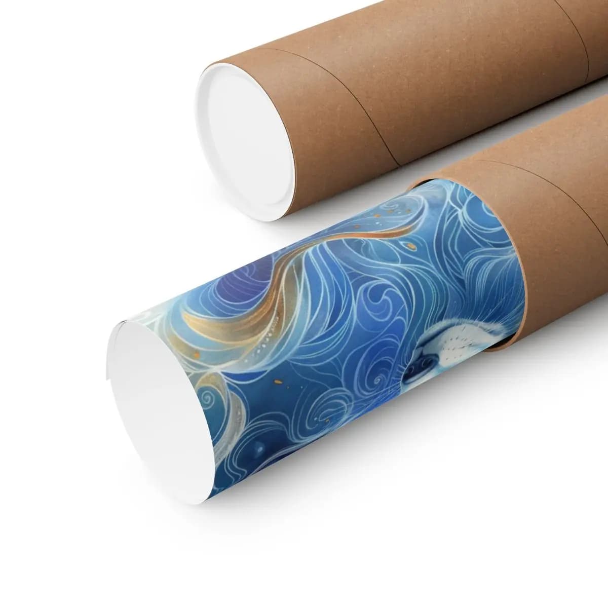 Celestial White Fox Amid Blue Swirling Waves - Matte Vertical Posters mockup angle 3