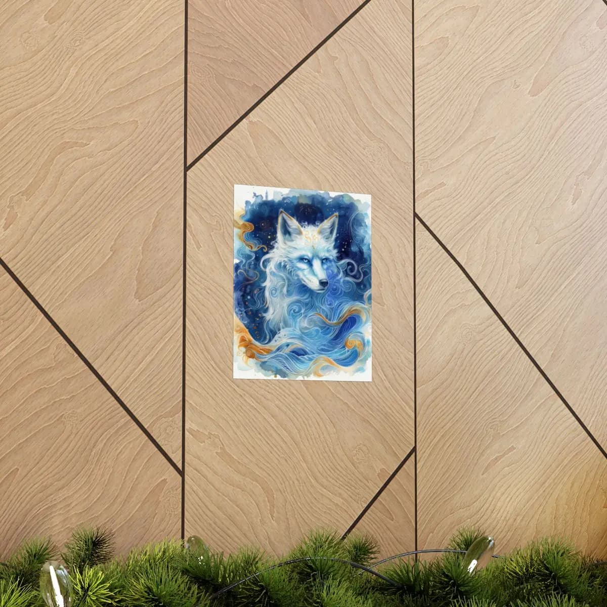 Celestial White Fox Amid Blue Swirling Waves - Matte Vertical Posters mockup angle 5