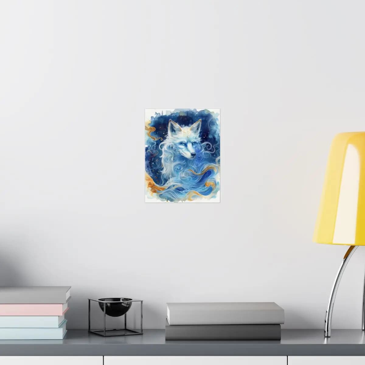 Celestial White Fox Amid Blue Swirling Waves - Matte Vertical Posters mockup angle 8