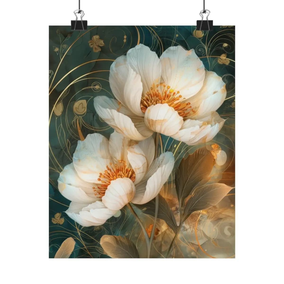 White Peonies Blooming on Golden Scrollwork - Matte Vertical Posters mockup angle 1
