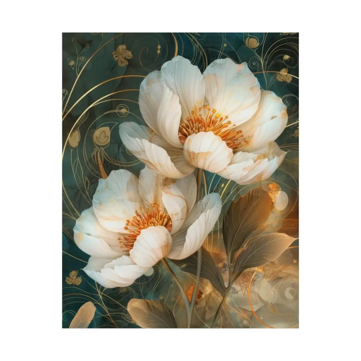 White Peonies Blooming on Golden Scrollwork - Matte Vertical Posters mockup angle 2