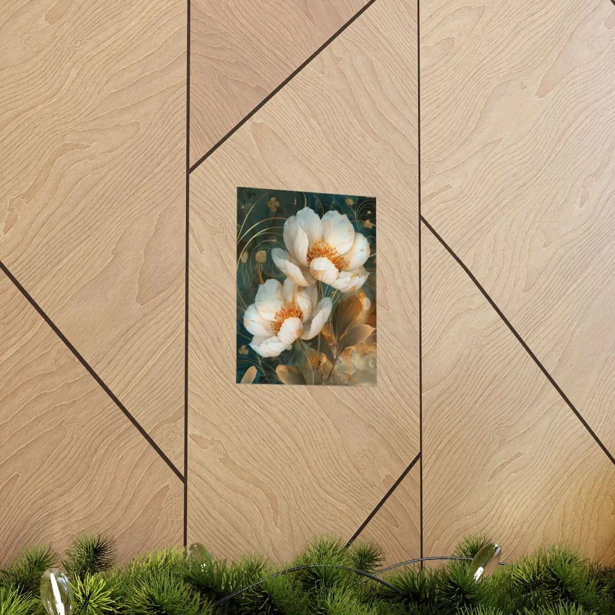 White Peonies Blooming on Golden Scrollwork - Matte Vertical Posters mockup angle 5