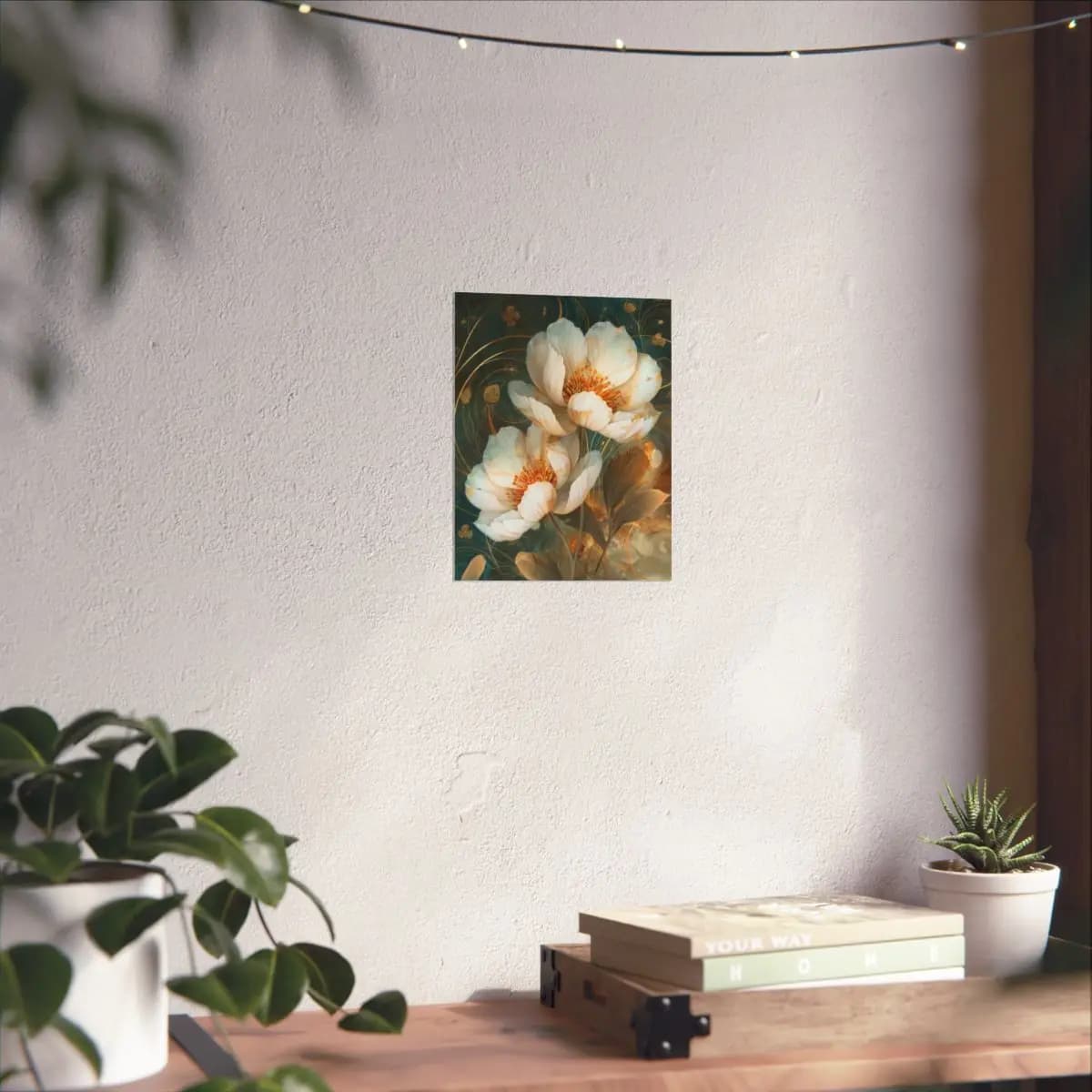 White Peonies Blooming on Golden Scrollwork - Matte Vertical Posters mockup angle 6