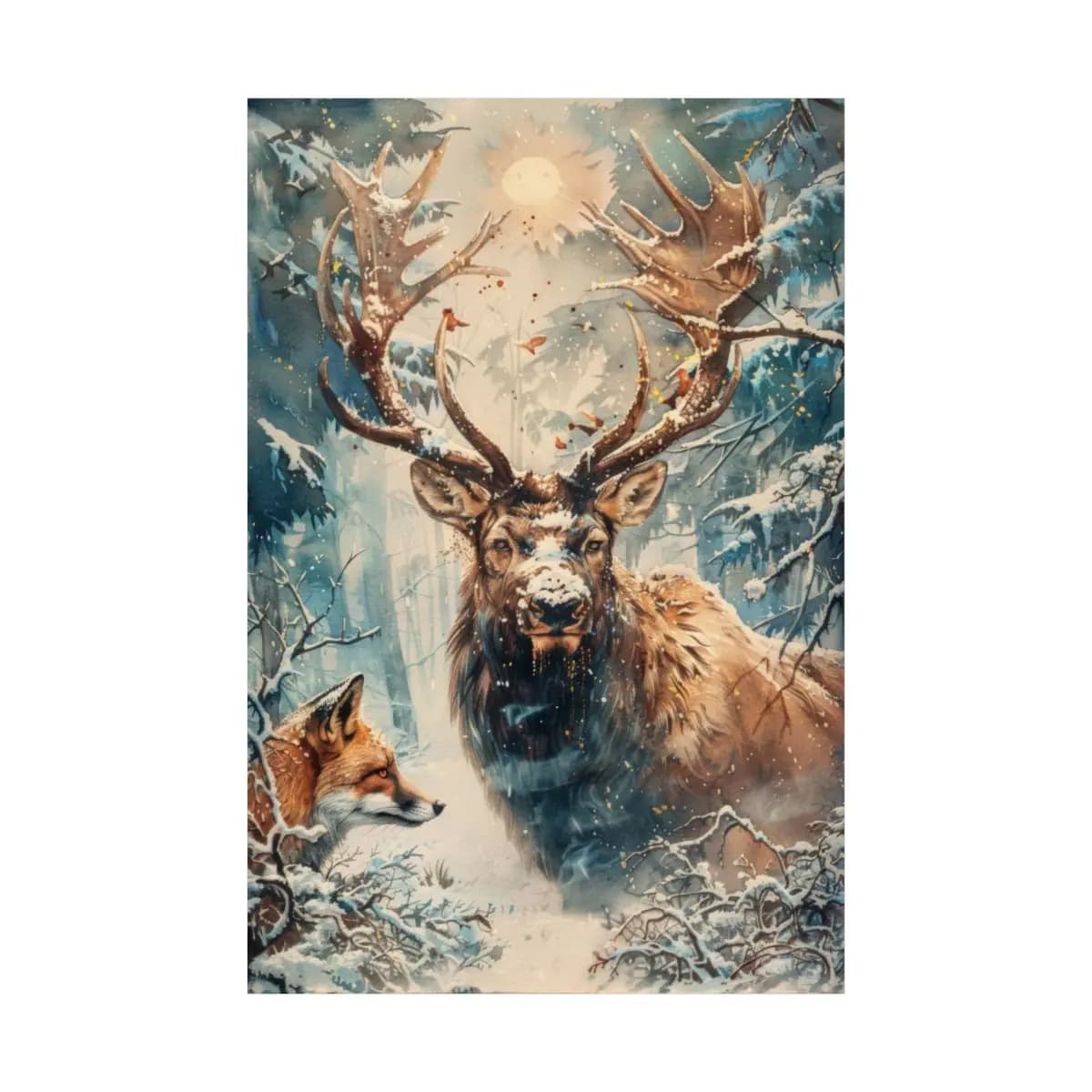 Majestic Stag and Fox in the Winter Forest - Matte Vertical Posters mockup angle 2