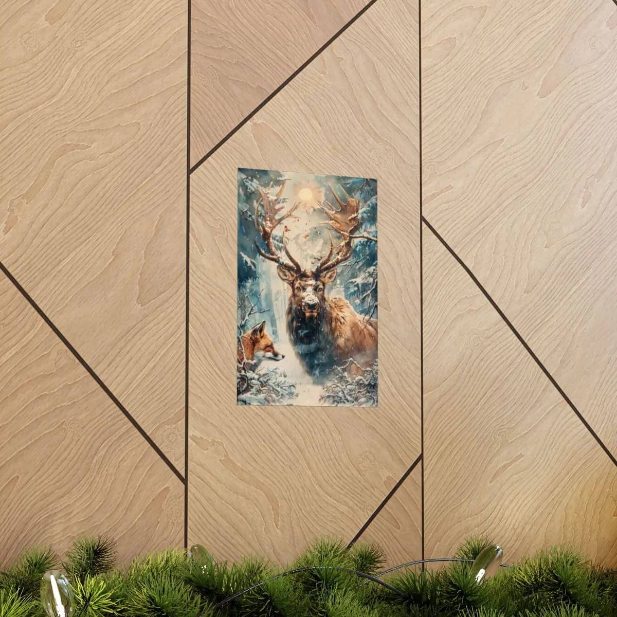 Majestic Stag and Fox in the Winter Forest - Matte Vertical Posters mockup angle 5