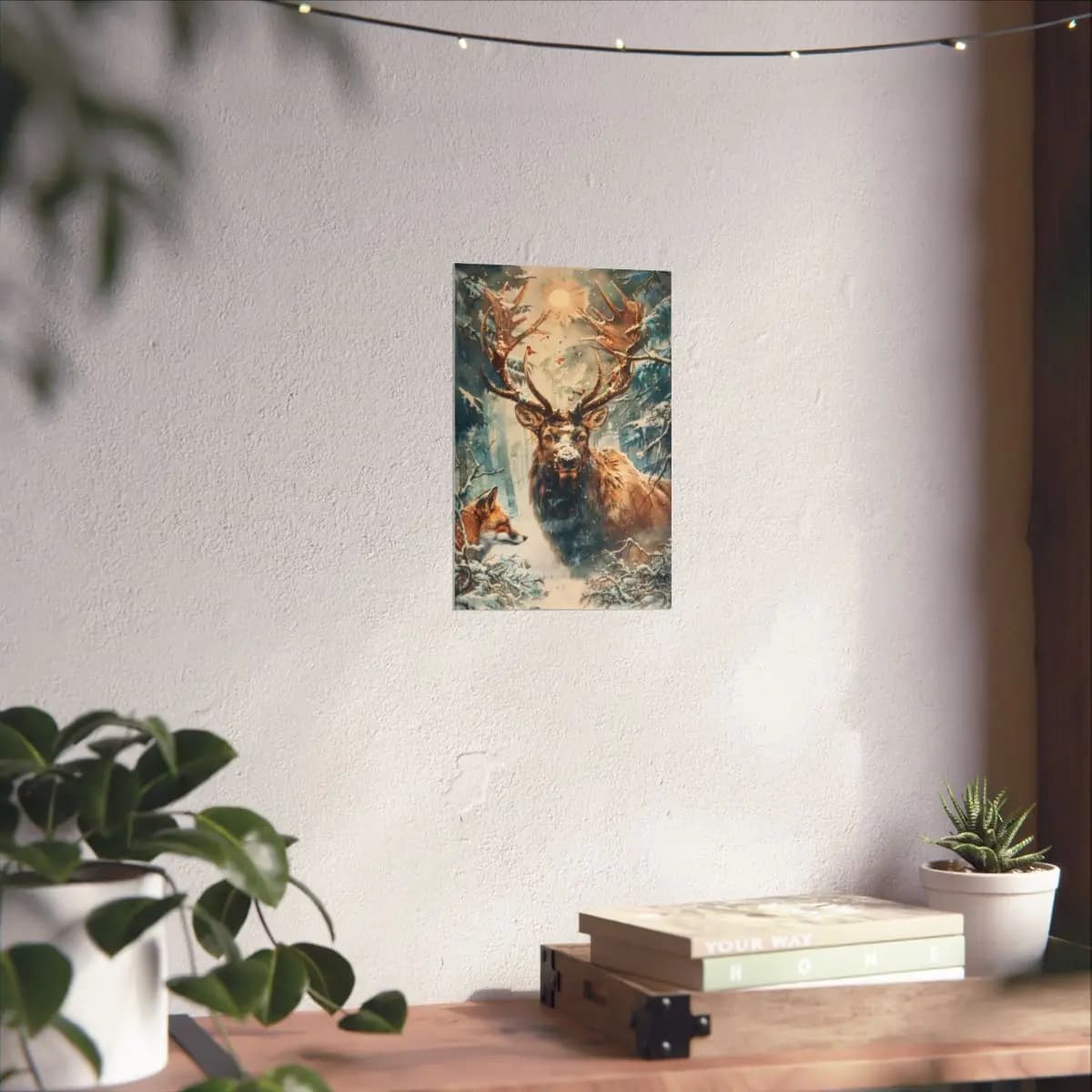 Majestic Stag and Fox in the Winter Forest - Matte Vertical Posters mockup angle 6