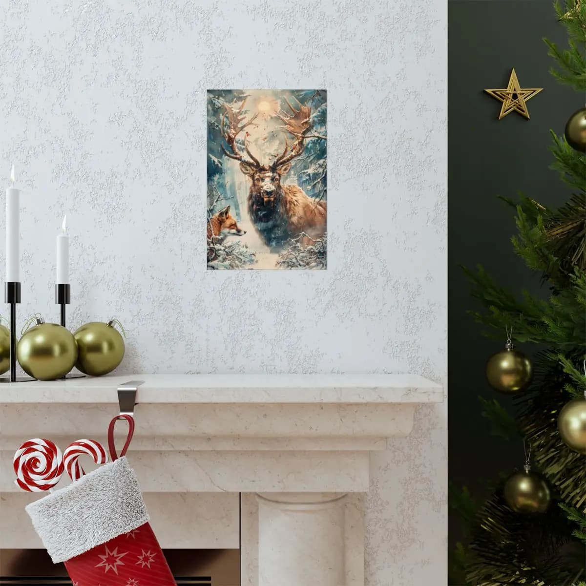 Majestic Stag and Fox in the Winter Forest - Matte Vertical Posters mockup angle 7