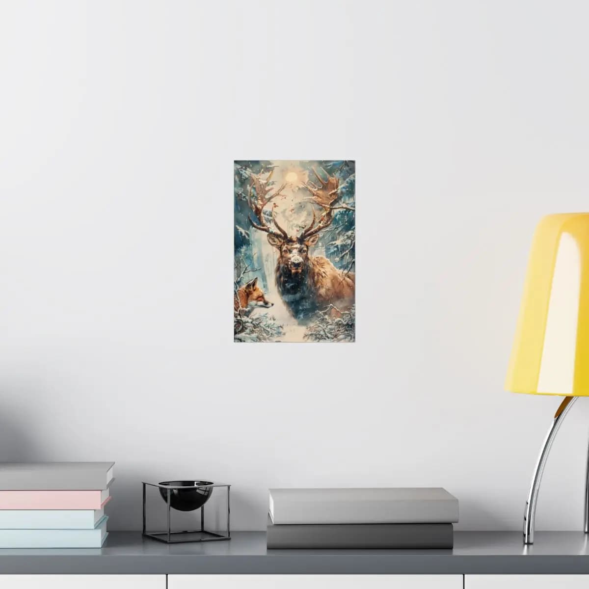 Majestic Stag and Fox in the Winter Forest - Matte Vertical Posters mockup angle 8