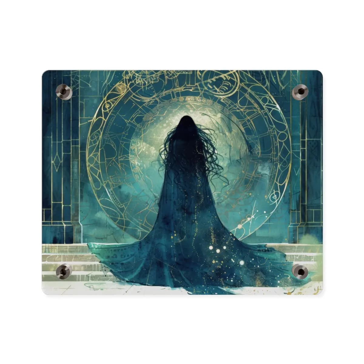 Silhouetted Figure Before the Arcane Portal - Acrylic Wall Art Panels mockup angle 2