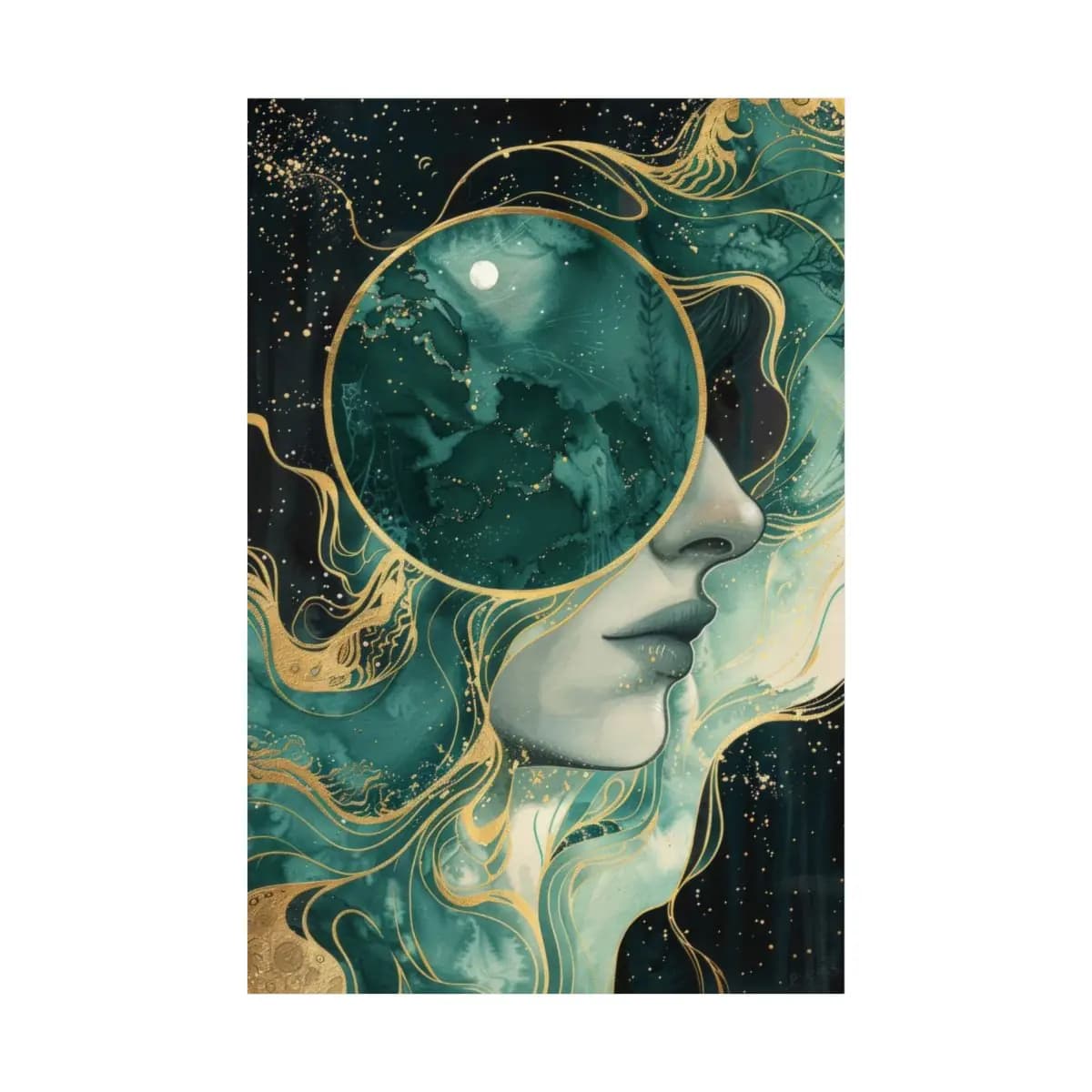 Woman's Face and Moon in Emerald Infinity - Matte Vertical Posters mockup angle 2
