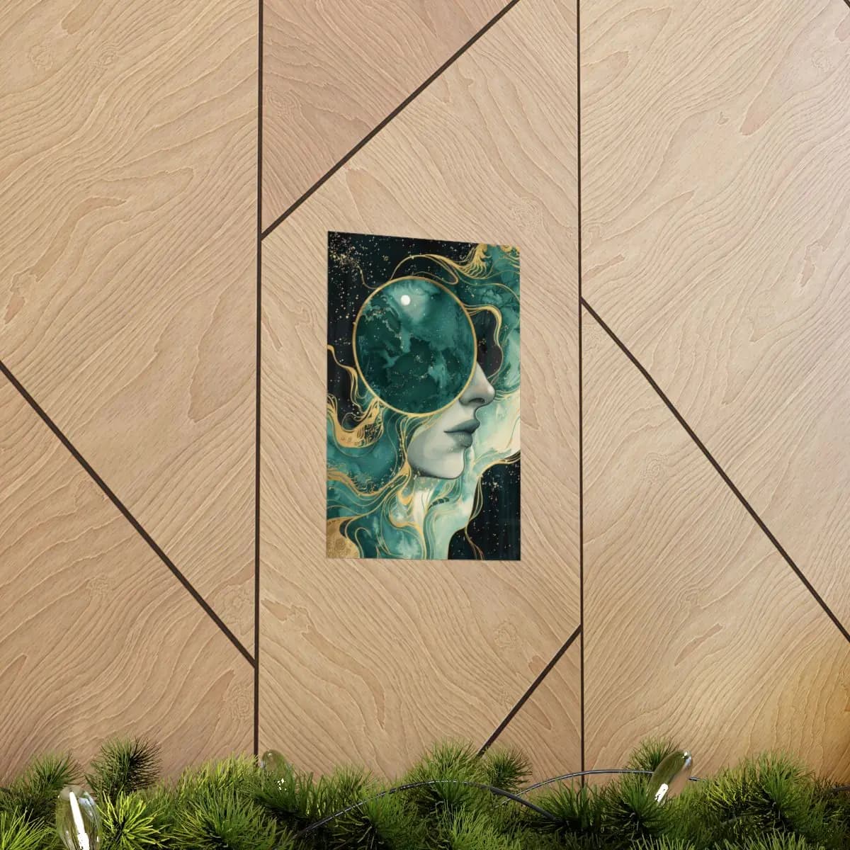 Woman's Face and Moon in Emerald Infinity - Matte Vertical Posters mockup angle 5