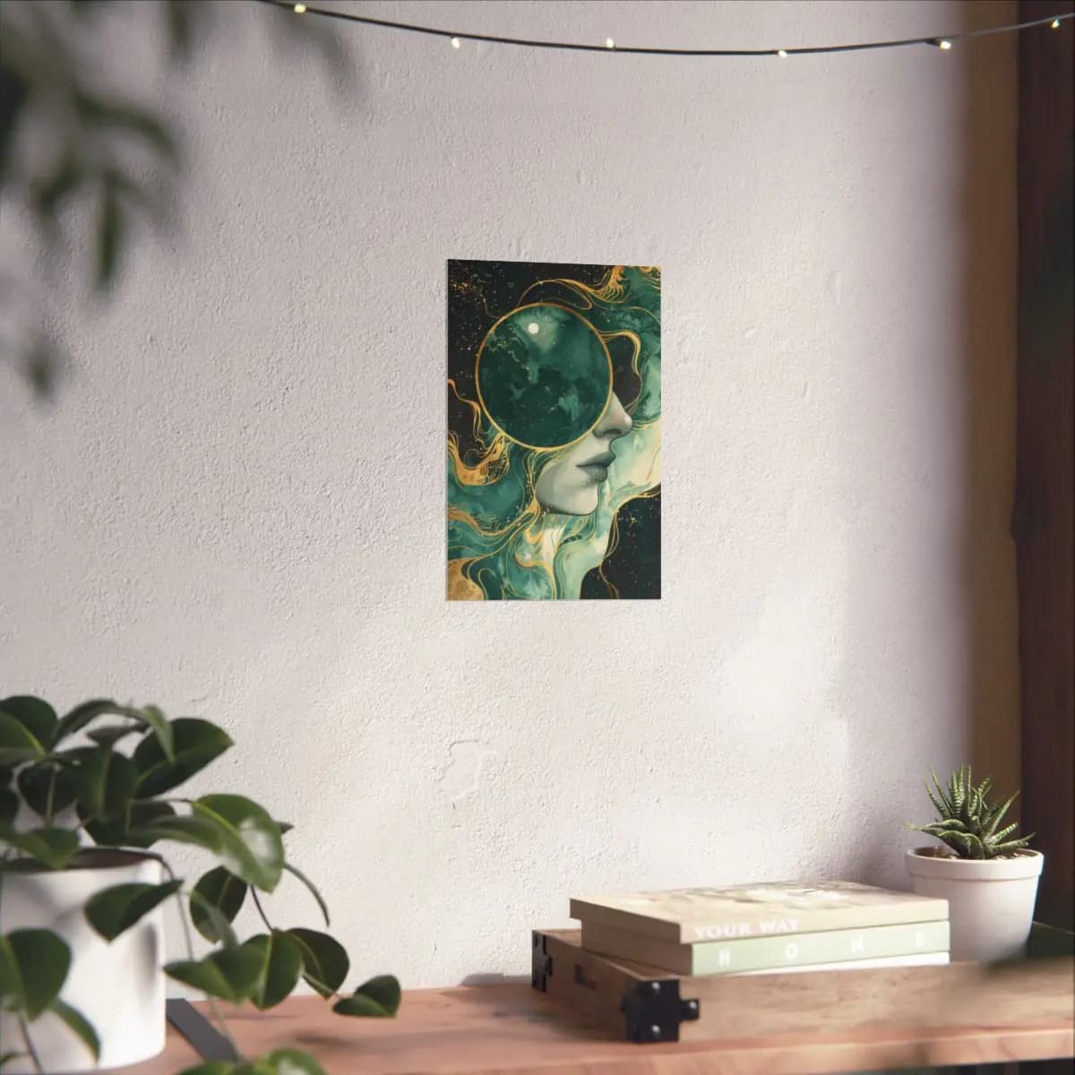 Woman's Face and Moon in Emerald Infinity - Matte Vertical Posters mockup angle 6