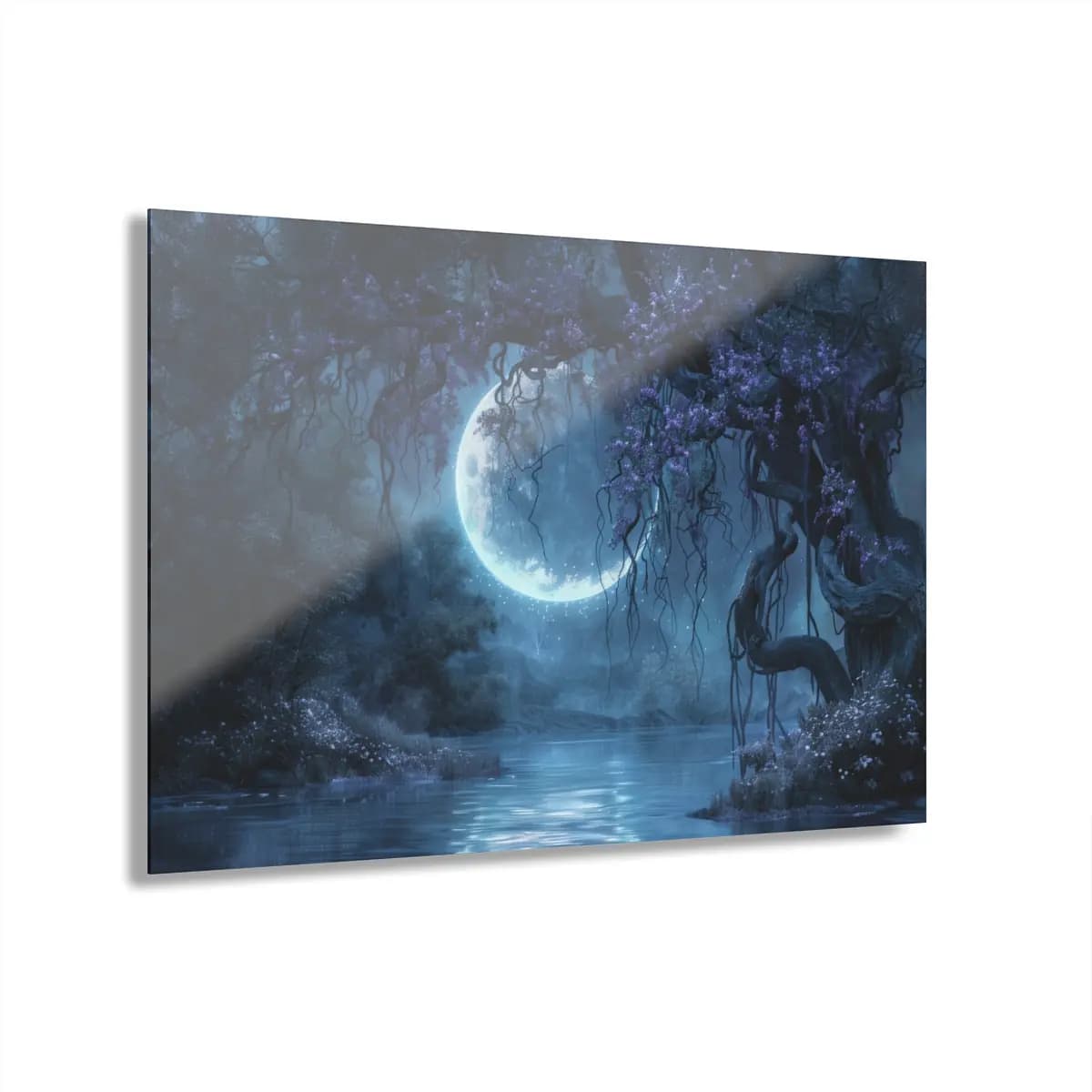 Moonlit Glade with Twisted Trees and Violet Blooms - Acrylic Prints (French Cleat Hanging) mockup angle 1