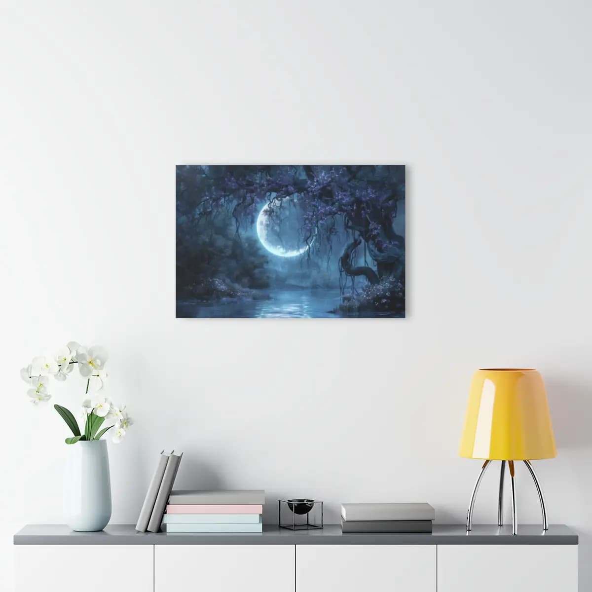 Moonlit Glade with Twisted Trees and Violet Blooms - Acrylic Prints (French Cleat Hanging) mockup angle 4