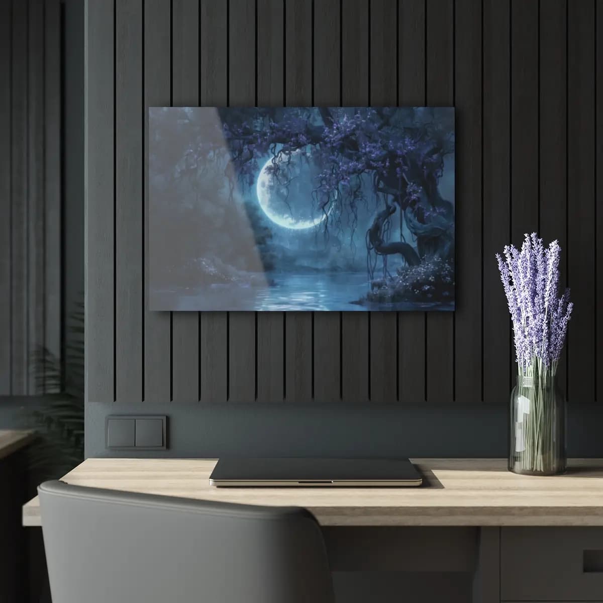 Moonlit Glade with Twisted Trees and Violet Blooms - Acrylic Prints (French Cleat Hanging) mockup angle 5