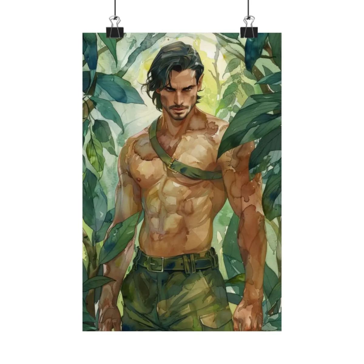 Steel-Eyed Jungle Warrior Among Tropical Leaves - Matte Vertical Posters mockup angle 1