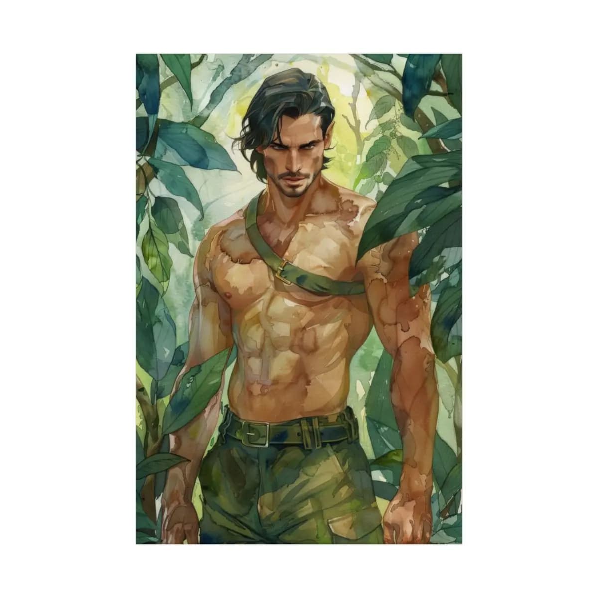 Steel-Eyed Jungle Warrior Among Tropical Leaves - Matte Vertical Posters mockup angle 2