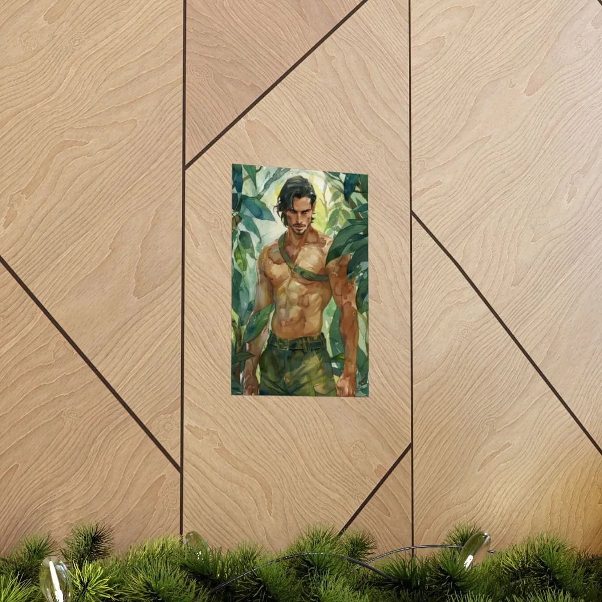 Steel-Eyed Jungle Warrior Among Tropical Leaves - Matte Vertical Posters mockup angle 5
