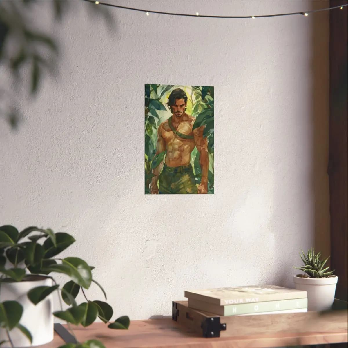 Steel-Eyed Jungle Warrior Among Tropical Leaves - Matte Vertical Posters mockup angle 6