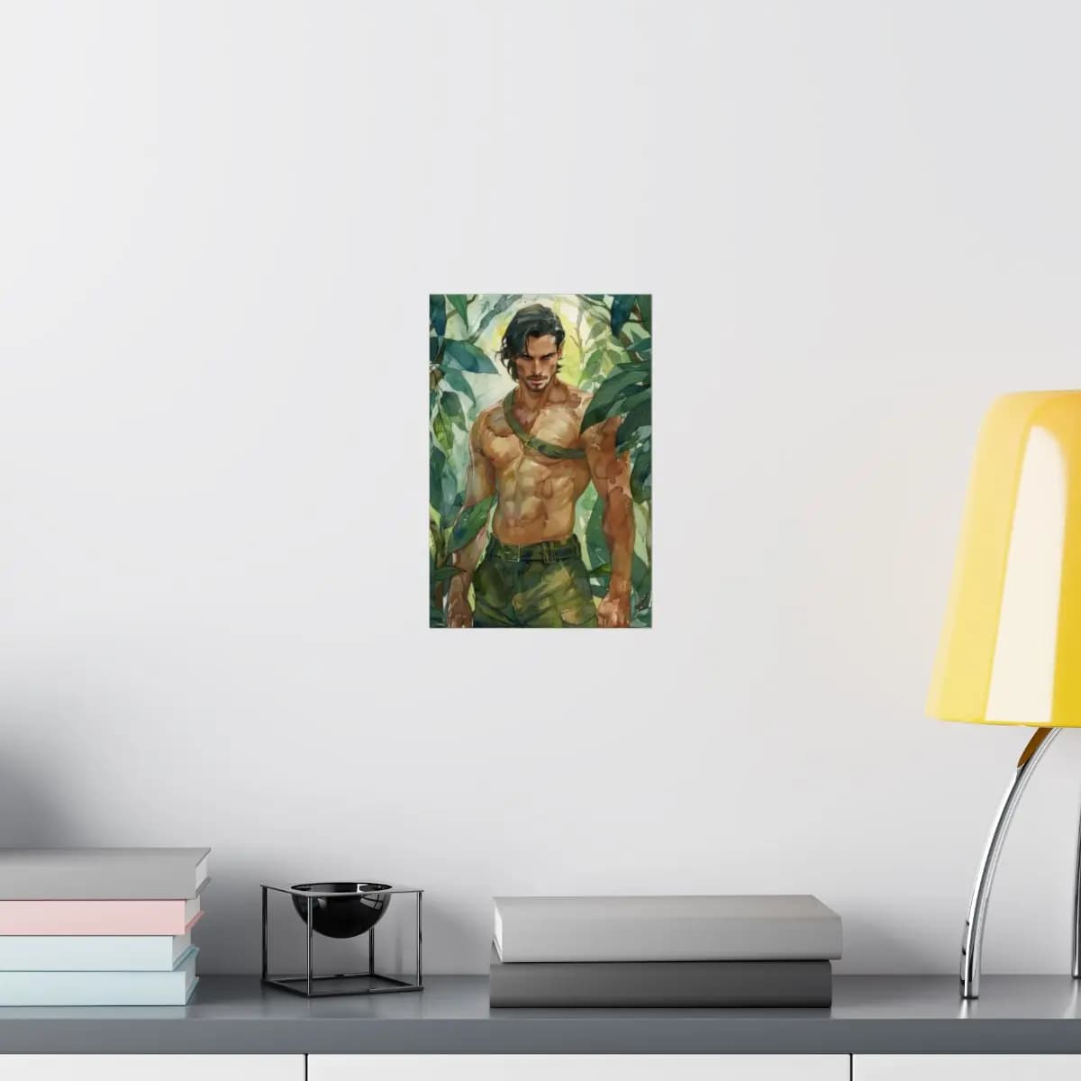 Steel-Eyed Jungle Warrior Among Tropical Leaves - Matte Vertical Posters mockup angle 8