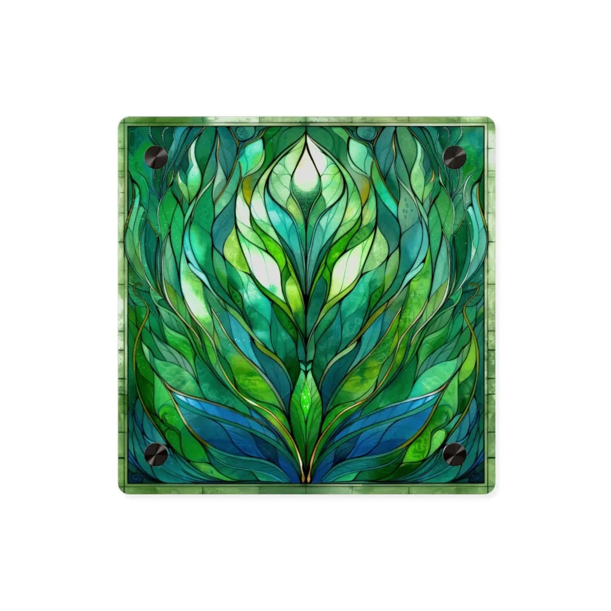 Emerald Stained Glass Botanical Unfurling - Acrylic Wall Art Panels mockup angle 1