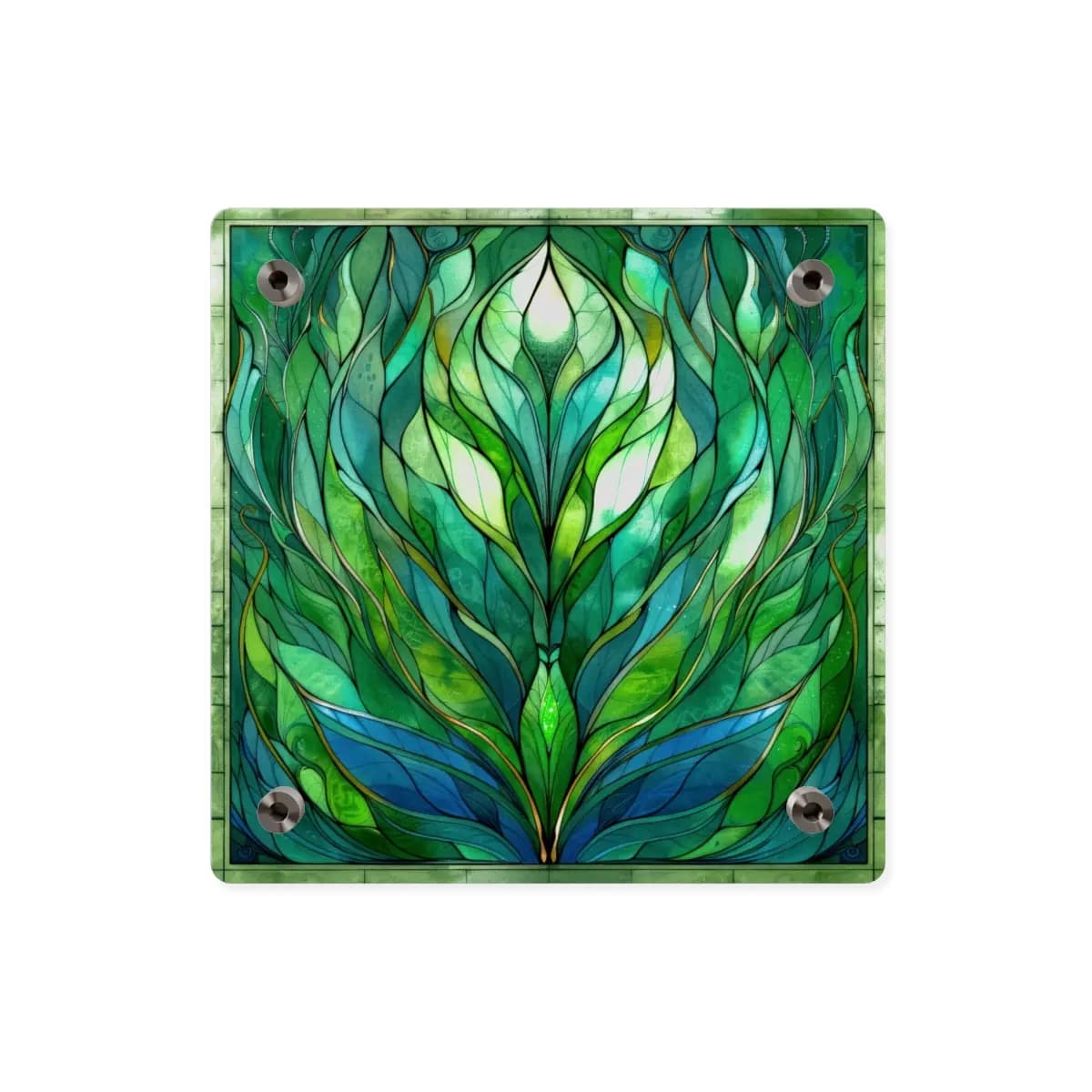 Emerald Stained Glass Botanical Unfurling - Acrylic Wall Art Panels mockup angle 2